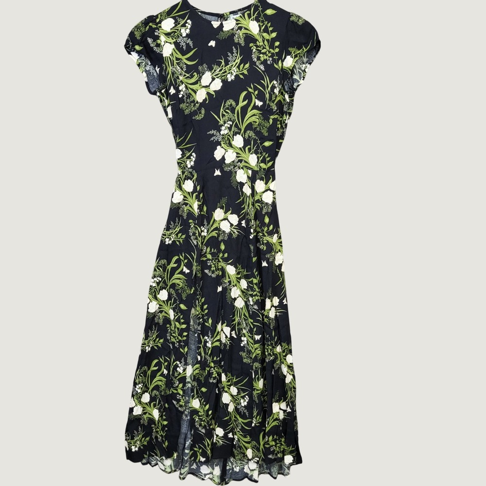 Reformation Floral Midi Dress Womens 2 Black Excellent Open Back Slit Cap Sleeve
